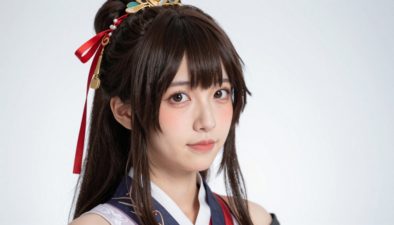 Japanese woman in detailed cosplay outfit with playful expression in soft studio lighting