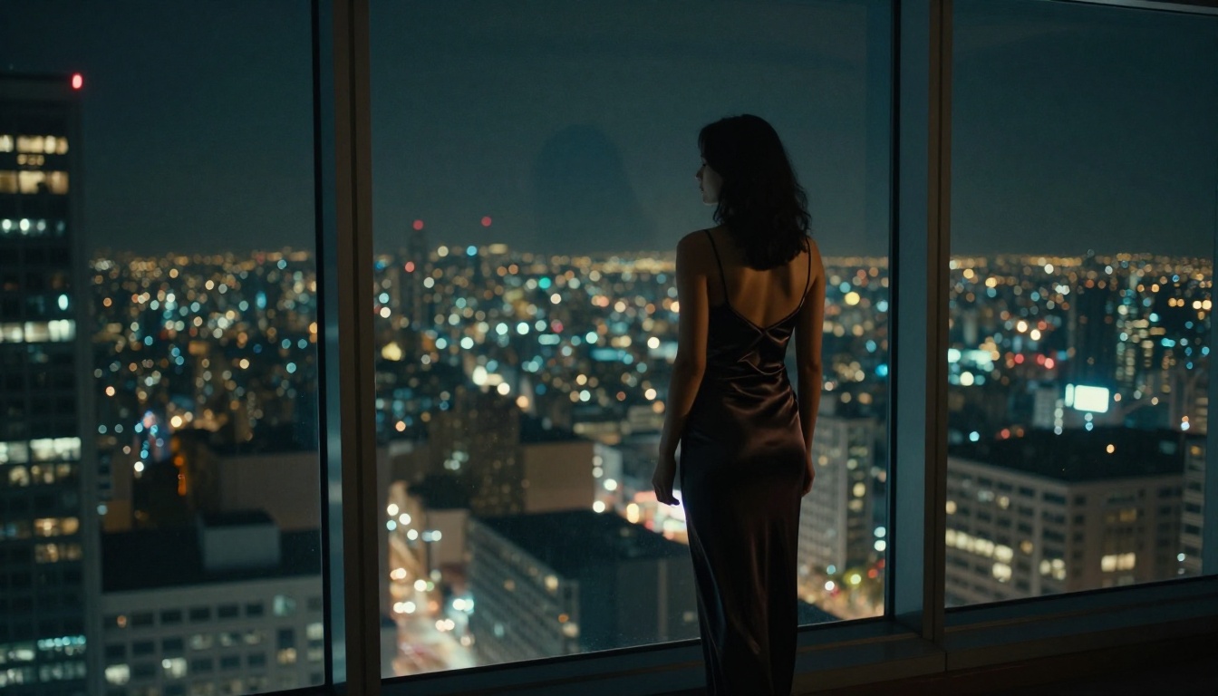 Cinematic night silhouette woman near city window