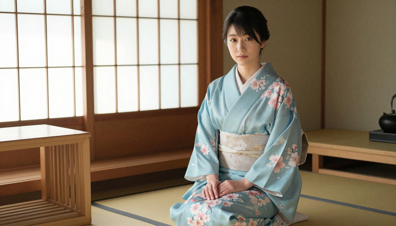 Japanese woman in silk kimono tea room minimalist setting