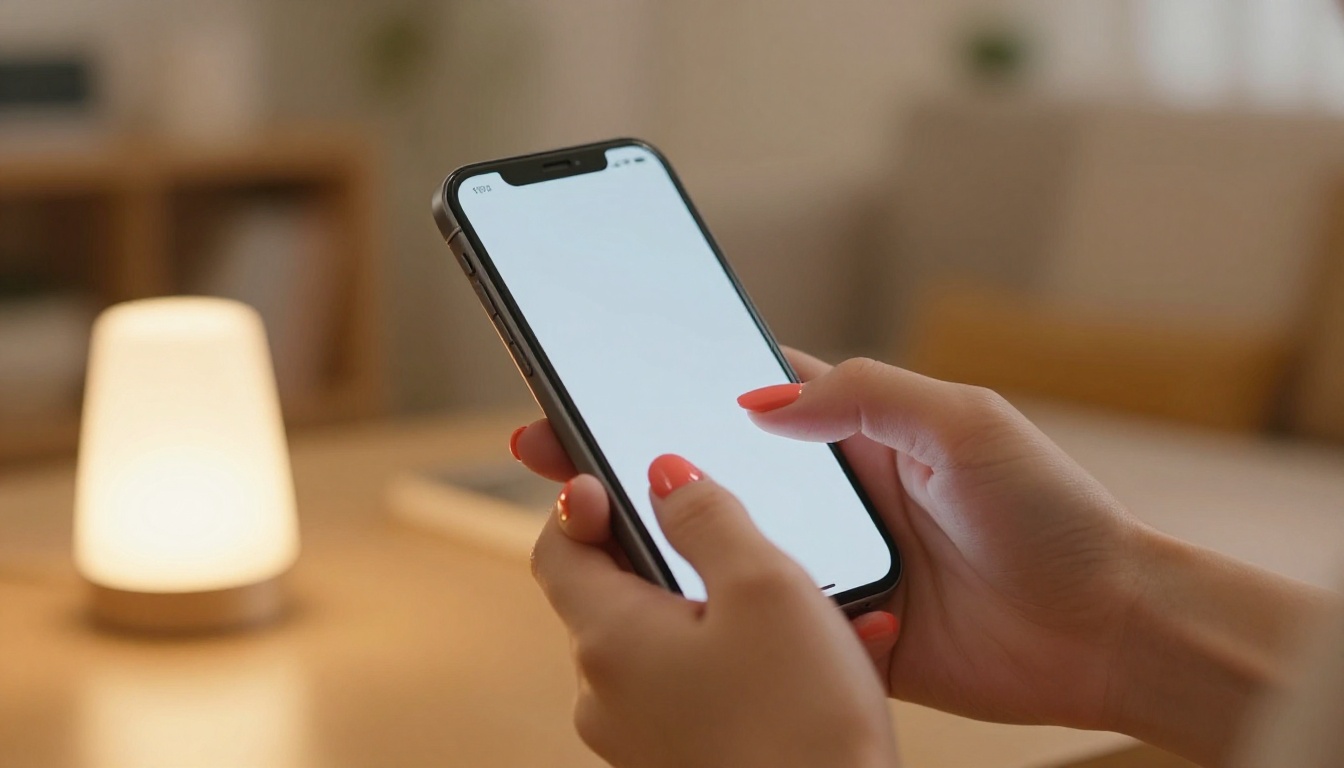 Woman's hand holding smartphone warm living room ambient light
