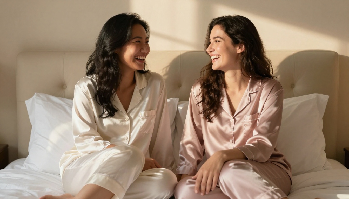 Two women laughing together on hotel bed warm morning light