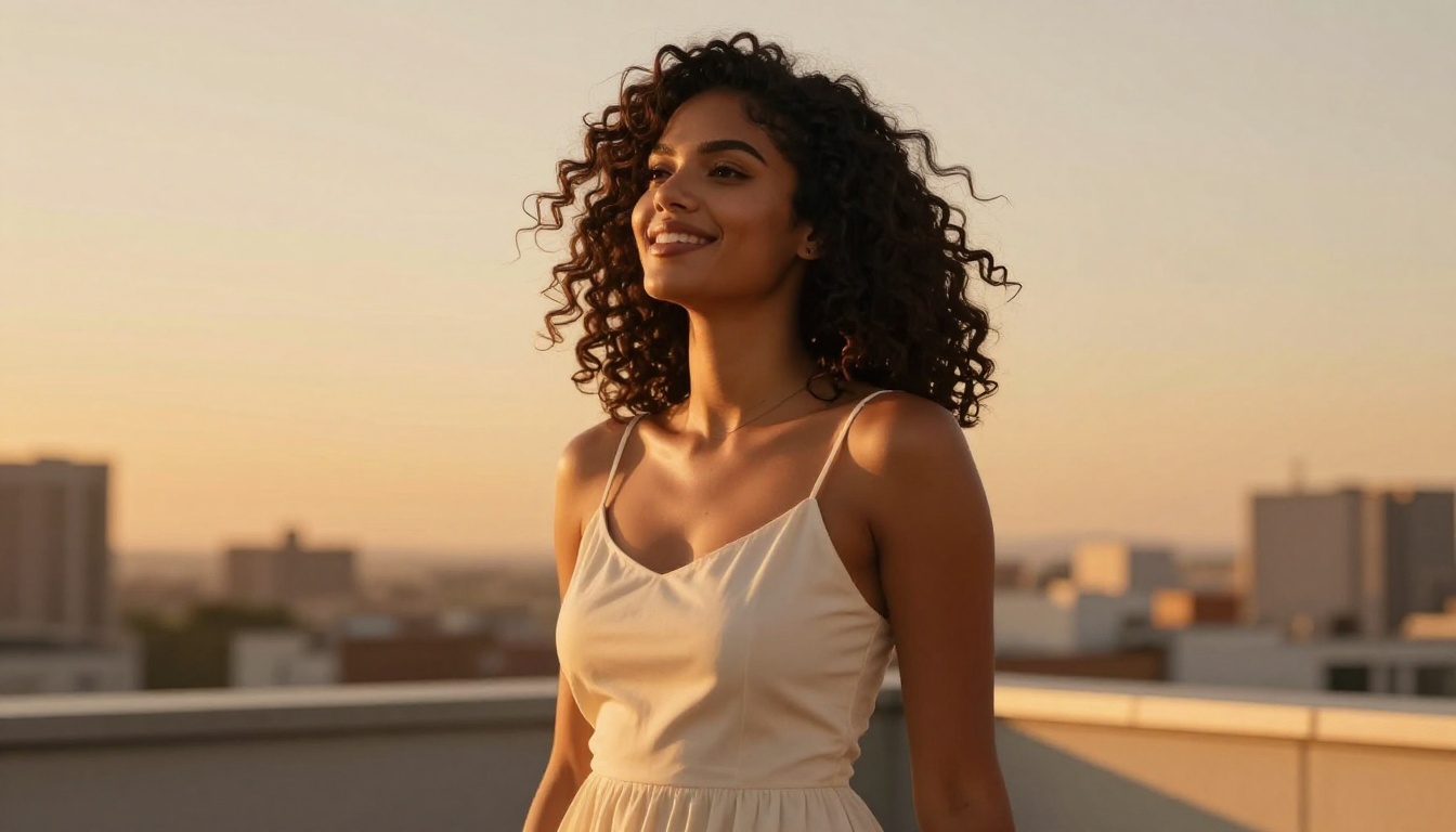 Beautiful Latina woman at golden hour on rooftop