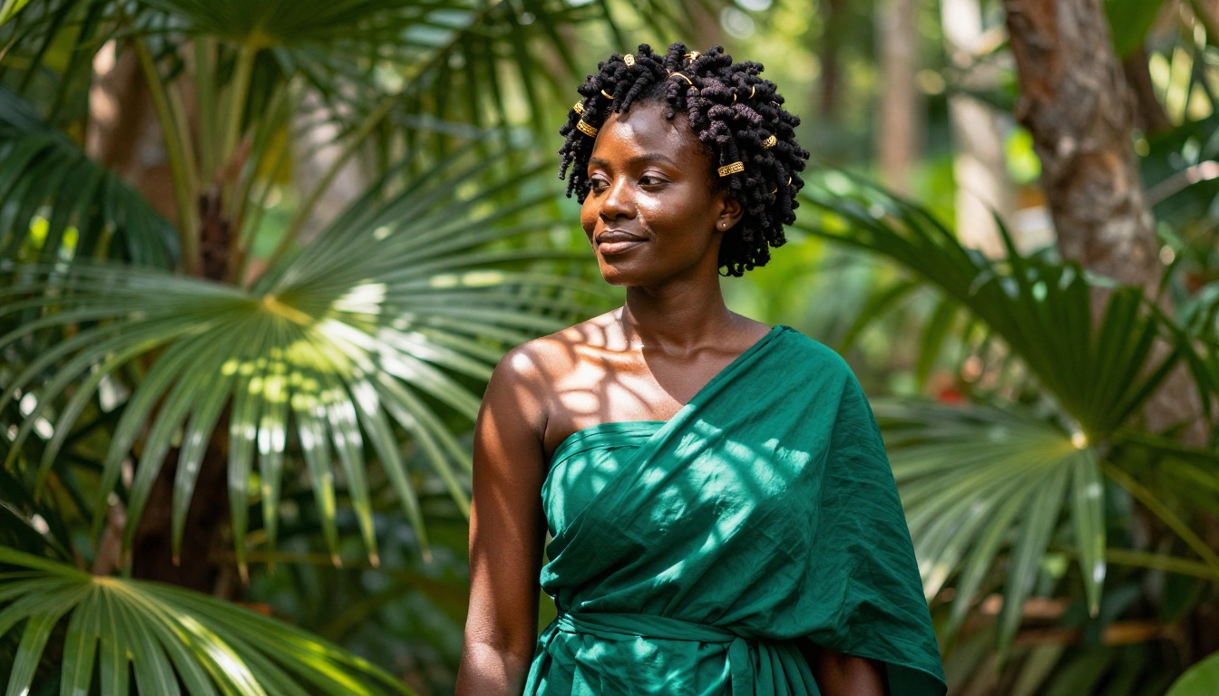 African woman in vibrant emerald dress in tropical garden