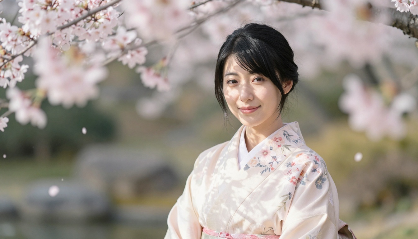 Japanese woman in cherry blossom garden wearing kimono robe