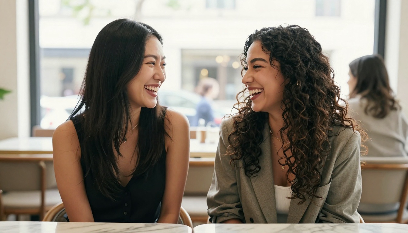 Two diverse women laughing together at marble cafe table