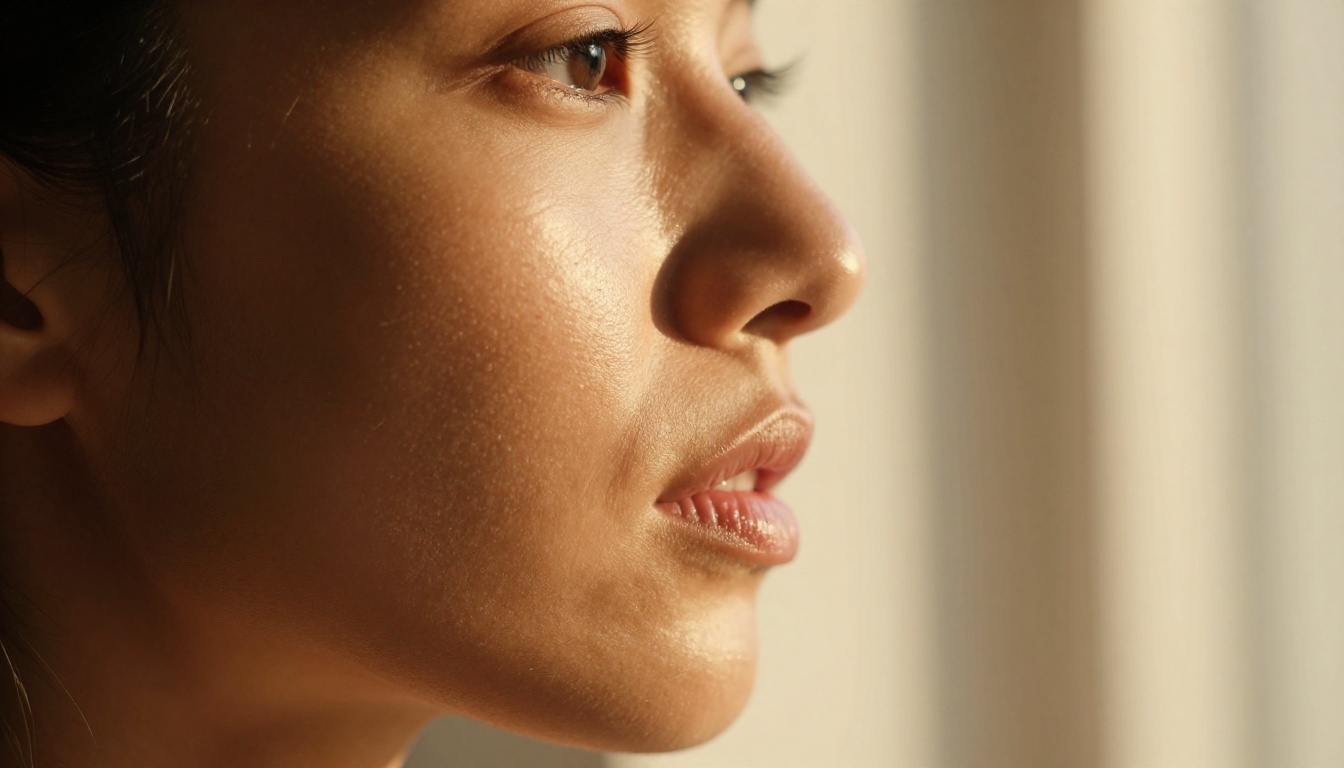 Beautiful woman's face in dramatic chiaroscuro lighting, close-up profile