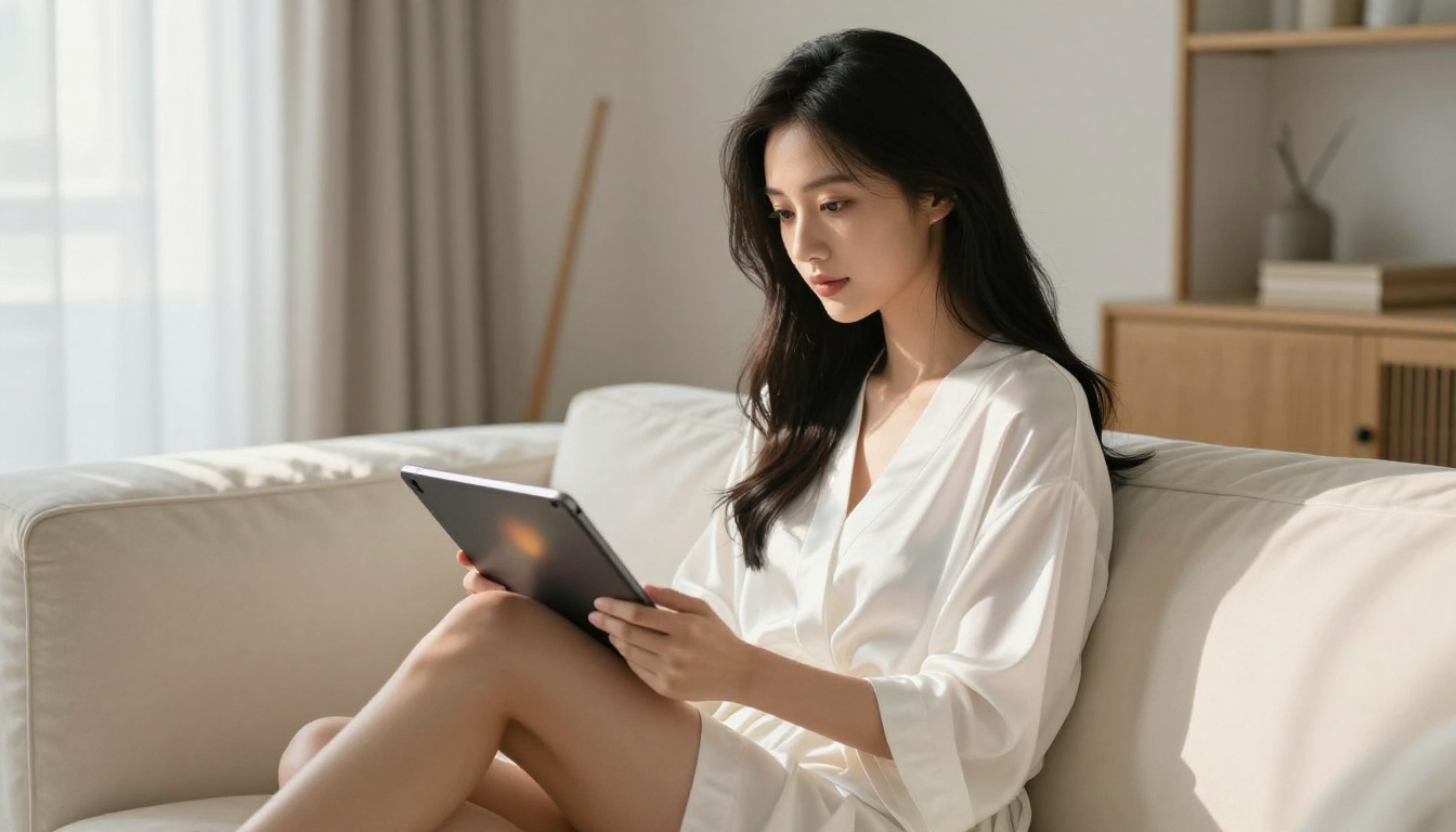 Beautiful Asian woman with tablet in modern apartment morning light