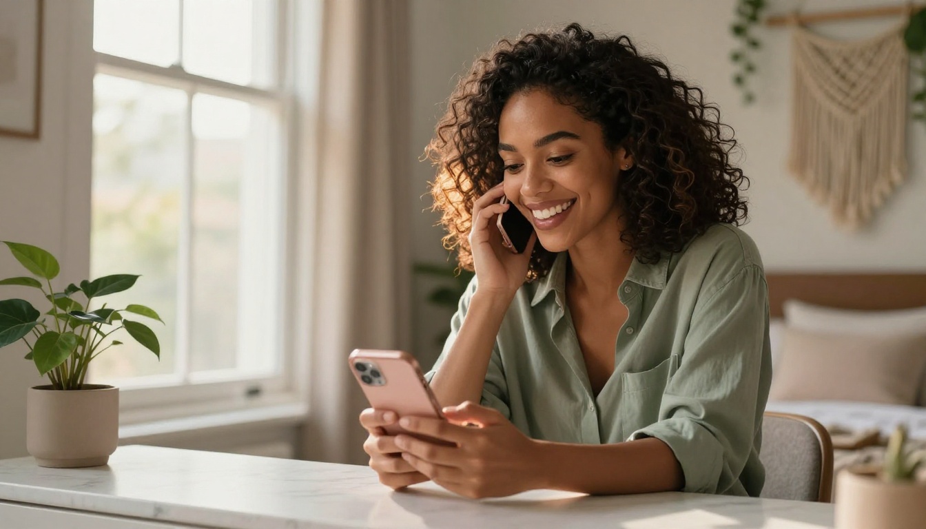 Woman with curly hair smiling at smartphone warm morning light