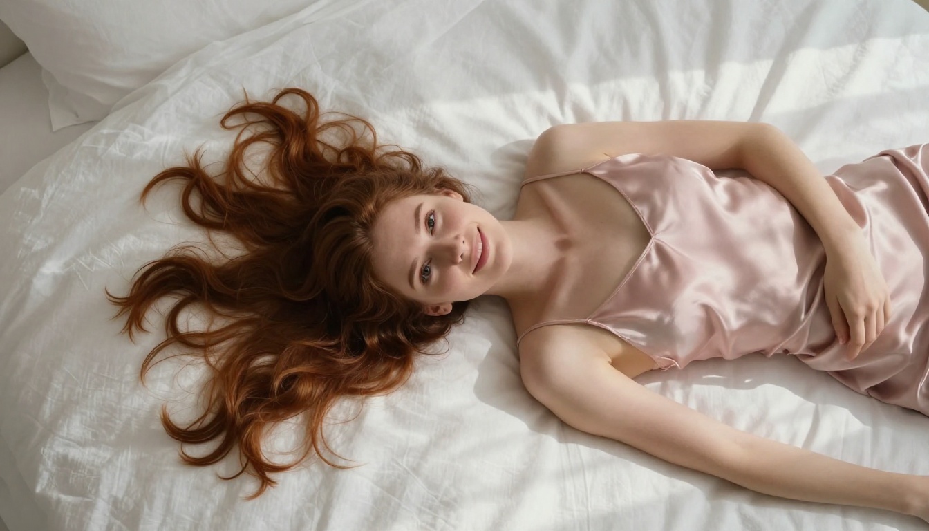 Aerial overhead view of auburn-haired woman on white minimalist bedding