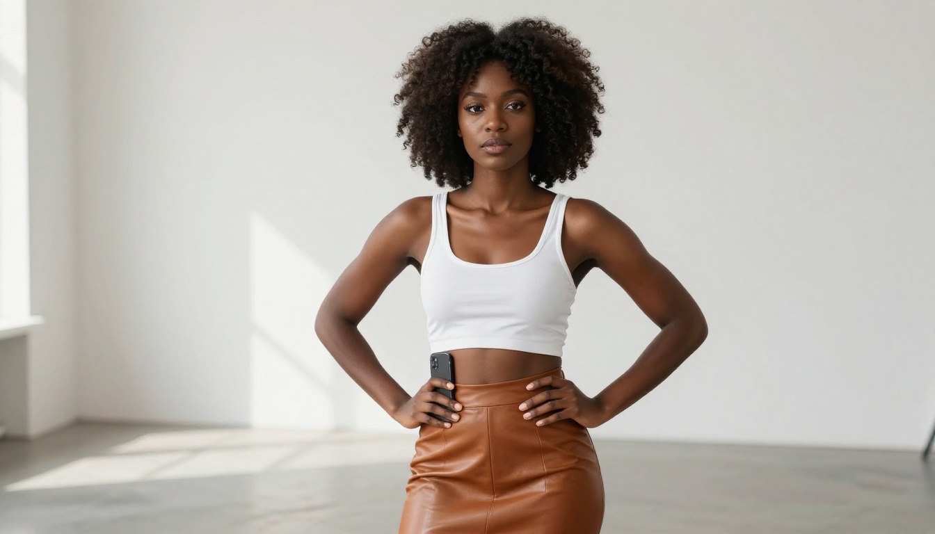 African woman with natural afro hair confident pose minimalist studio
