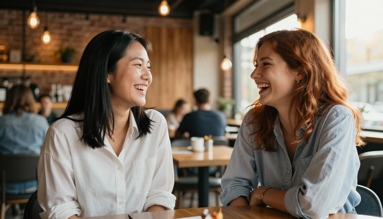 Two women friends laughing together at warm café golden hour light