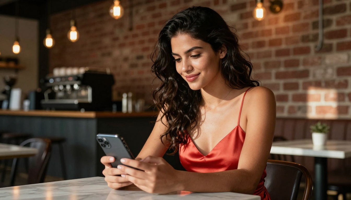 Beautiful Latina woman using smartphone at café, warm amber lighting