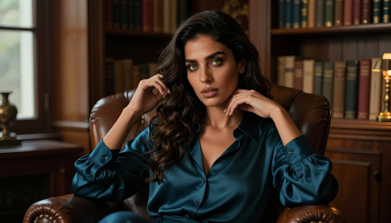 Middle Eastern woman with amber eyes in elegant home library setting