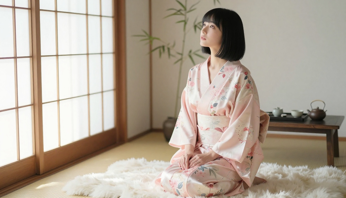 Japanese woman in elegant silk kimono robe, serene morning light through shoji panels