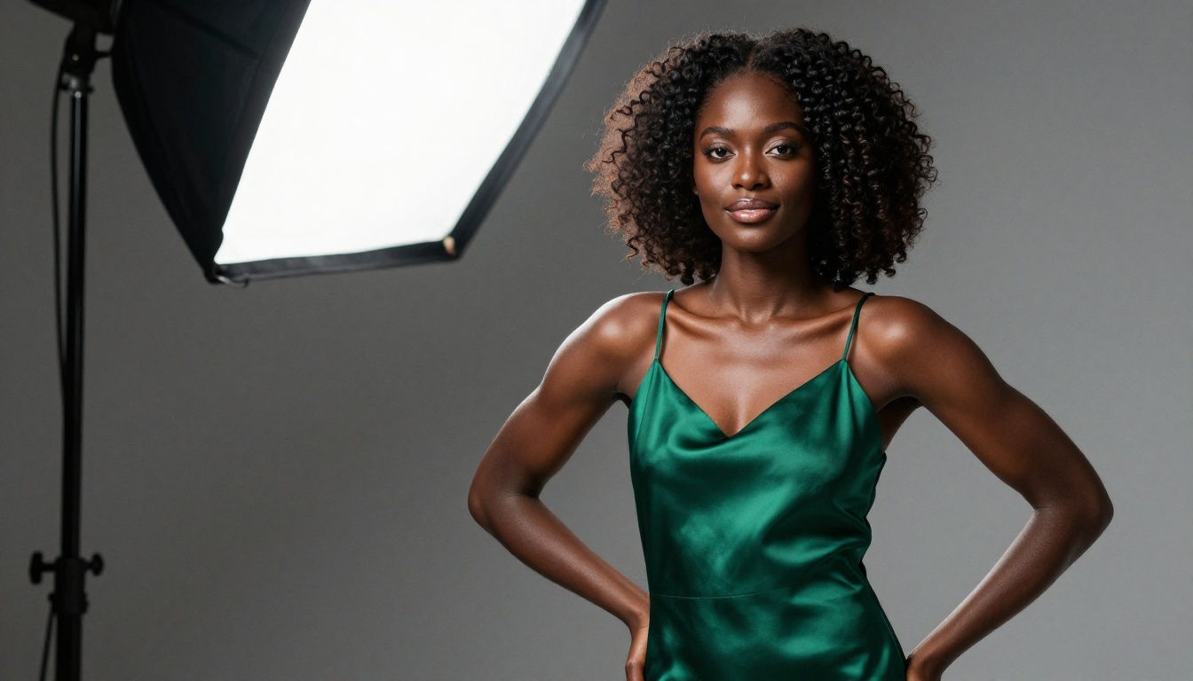 African woman in emerald silk dress, editorial fashion studio lighting
