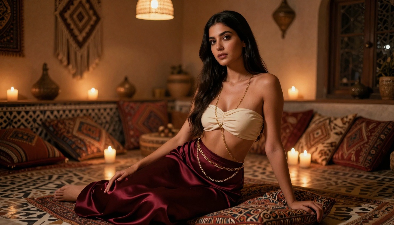 Middle Eastern woman in Moroccan boho interior with candlelight, intimate atmosphere