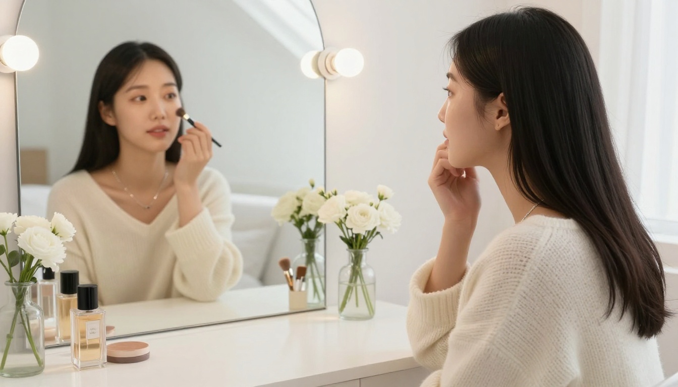 Korean woman at vanity mirror, clean morning light, intimate atmosphere