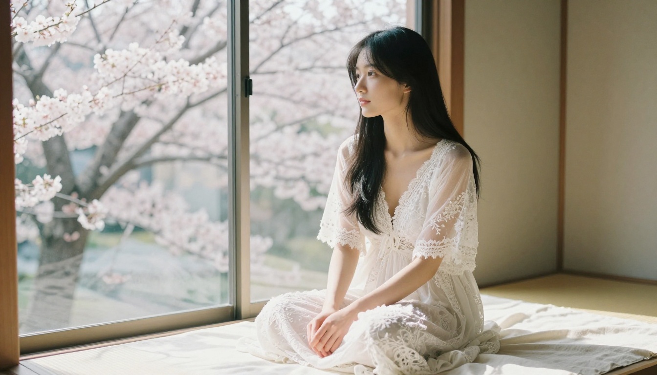Beautiful Asian woman in white lace seated by a cherry blossom window