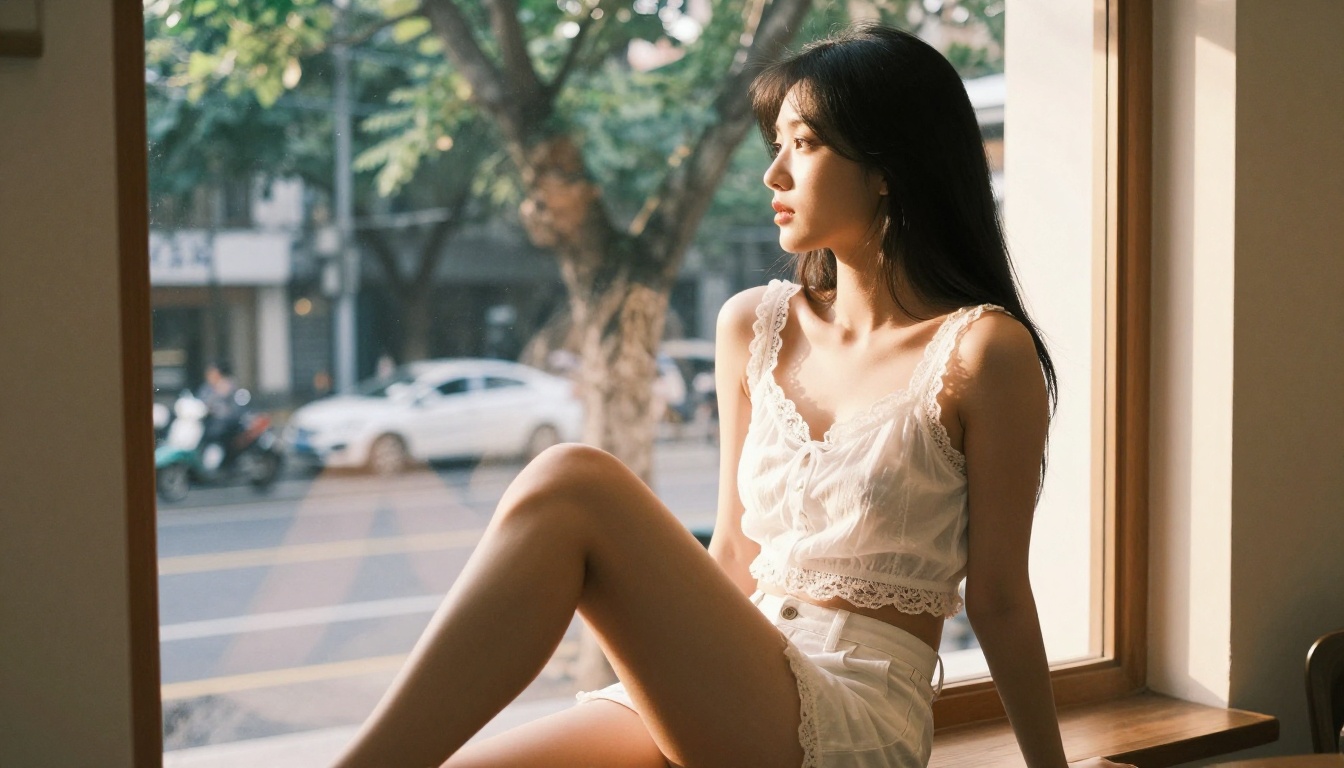 Asian woman sitting in sunlit café window, lace crop top, film grain aesthetic, golden afternoon light