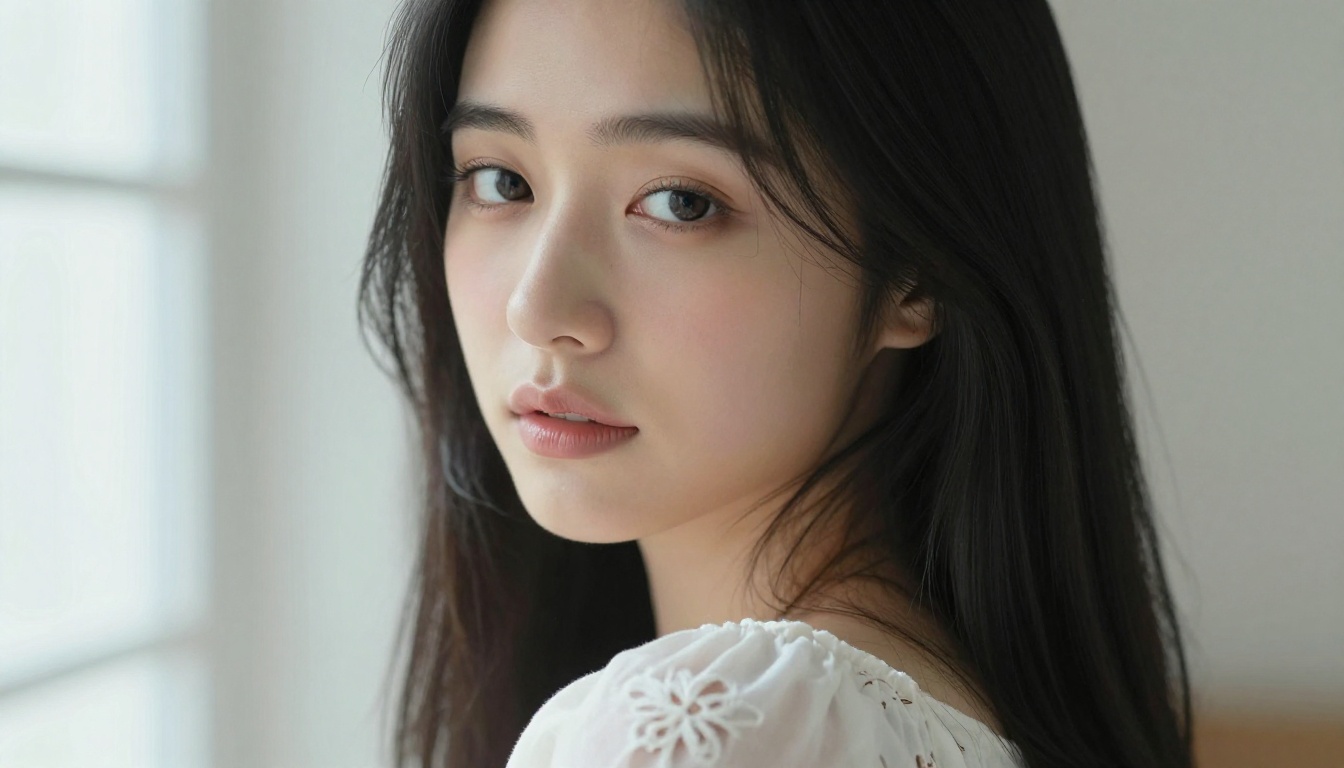 Close-up portrait of beautiful Japanese woman in white off-shoulder blouse Close-up portrait of beautiful Japanese woman in white off-shoulder blouse