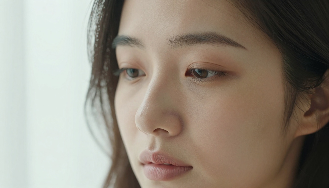 Close-up portrait of an Asian woman with porcelain skin, white lace bodysuit, soft backlighting creating a halo in her dark hair, 100mm macro lens, natural pores and skin texture visible