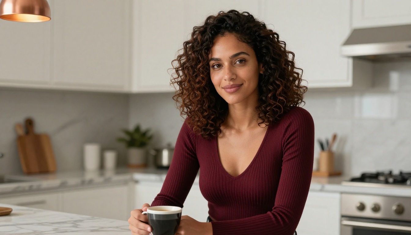 Latina woman at kitchen counter with coffee, warm morning light, editorial portrait style, Kodak Portra film grain