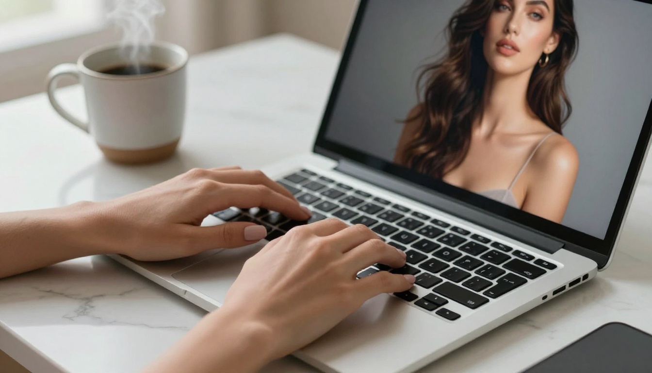 Hands typing text prompt on laptop with AI-generated image on screen
