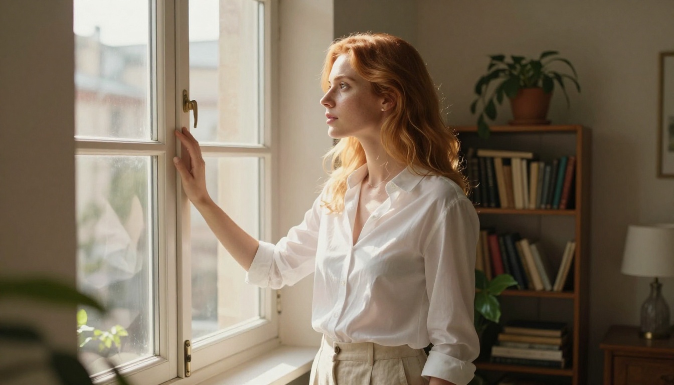 European woman in sunlit apartment, button-up shirt, exposed brick background, Leica lens photography style