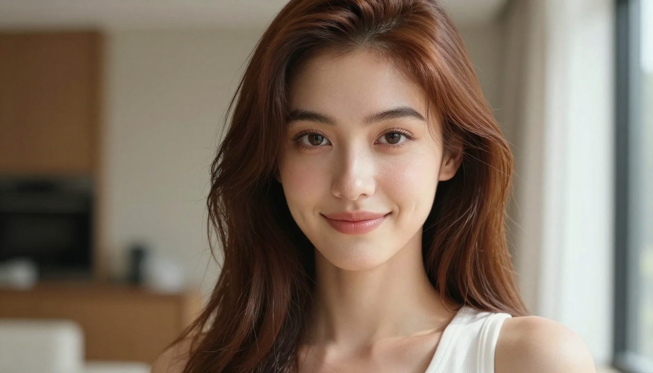 Beautiful young woman with flawless skin and direct eye contact, natural editorial photography