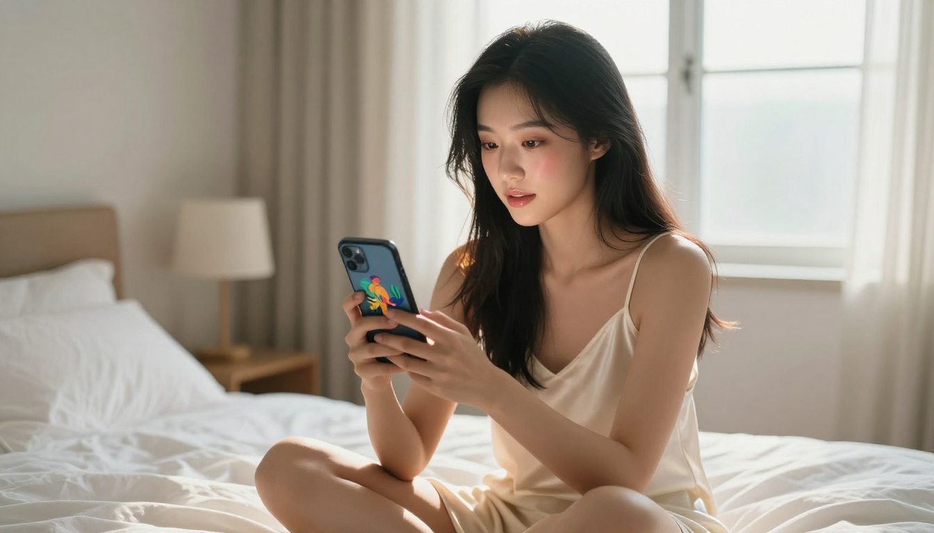 Asian woman viewing AI-generated content on smartphone in bedroom