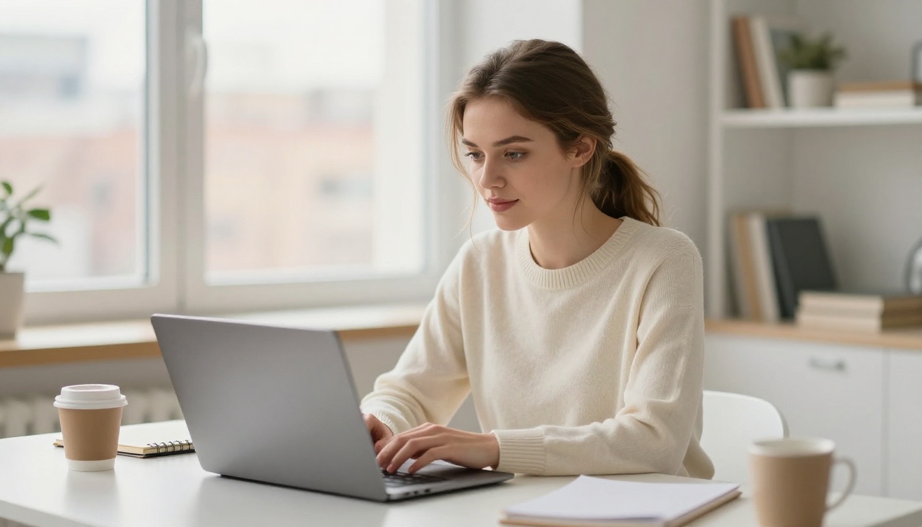 Attractive woman working on laptop at minimalist white desk in bright modern home office