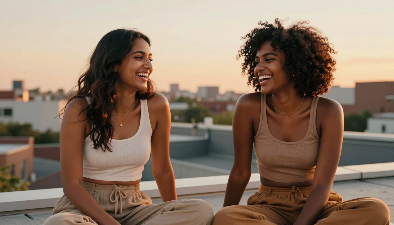 Two diverse women laughing on a rooftop at golden hour, candid lifestyle, warm sunset light, natural expressions