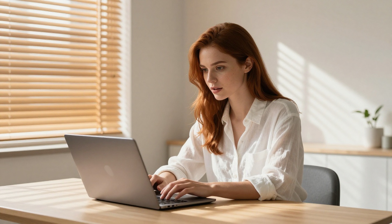 Woman using AI platform on laptop in warm home office light