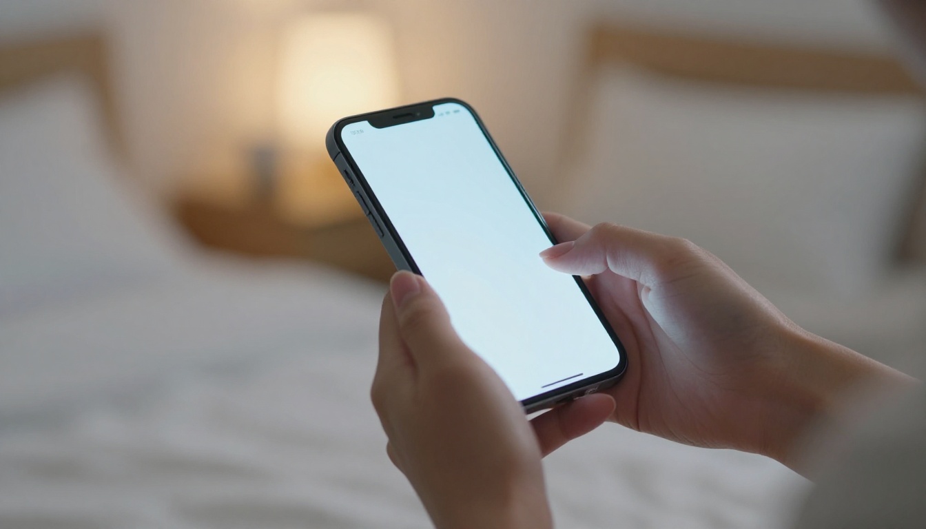 Elegant feminine hands holding a glowing smartphone in cozy bedroom setting Elegant feminine hands holding a glowing smartphone in cozy bedroom setting