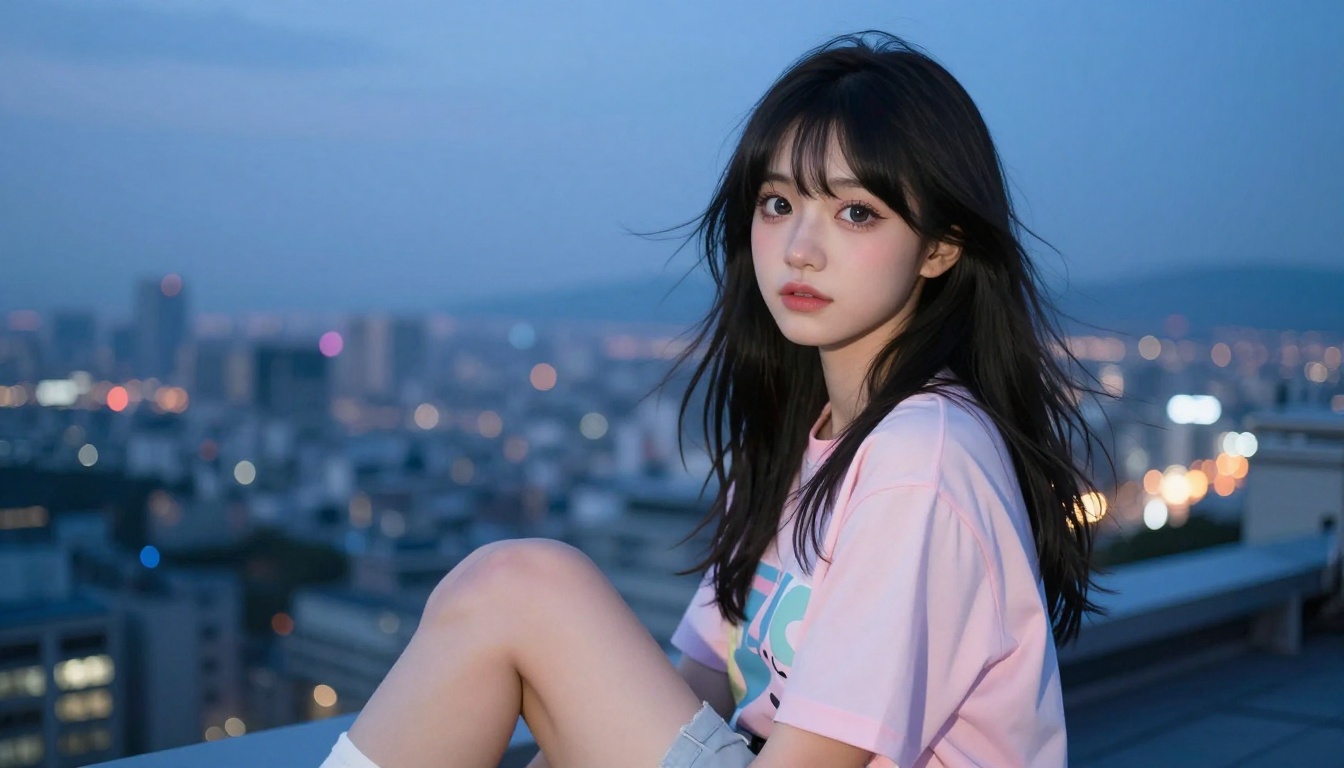 Anime-inspired woman on rooftop at twilight with city lights below