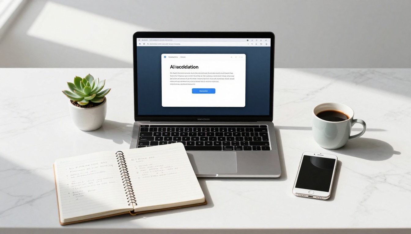Overhead flat-lay of a MacBook displaying an AI image generation interface, surrounded by a notebook with prompt notes, a smartphone, and a succulent on a white marble desk