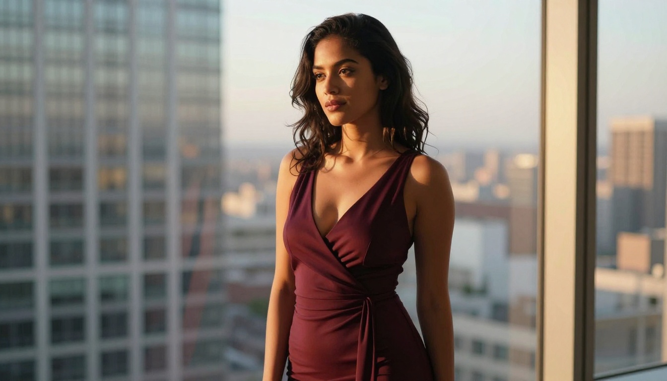Latina woman in burgundy dress by city window at golden hour