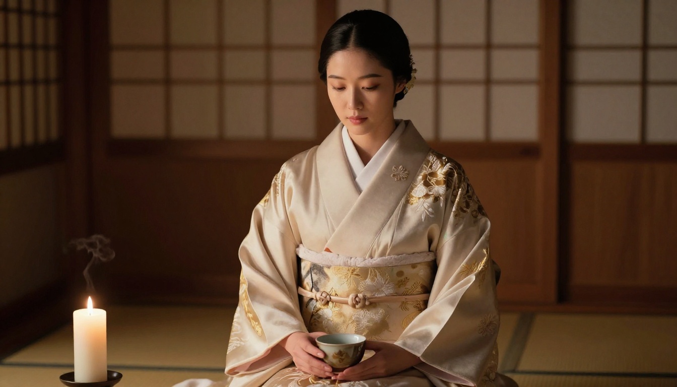 Korean woman in silk kimono at tea ceremony with candlelight