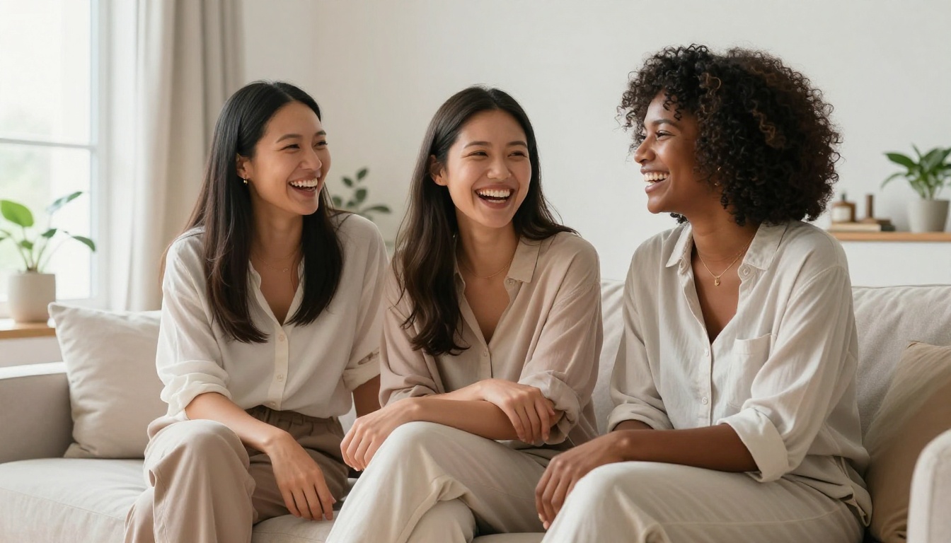 Three diverse women of different ethnicities laughing together in a bright modern living space Three diverse women of different ethnicities laughing together in a bright modern living space