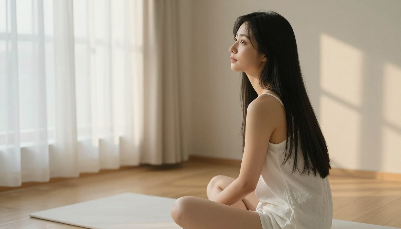 A beautiful Japanese woman with long straight black hair sitting cross-legged on a white futon, white cotton camisole, soft morning light through translucent curtains, serene expression, 85mm lens