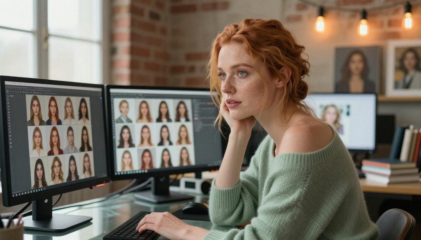 European woman at dual monitors reviewing AI-generated portraits in creative studio
