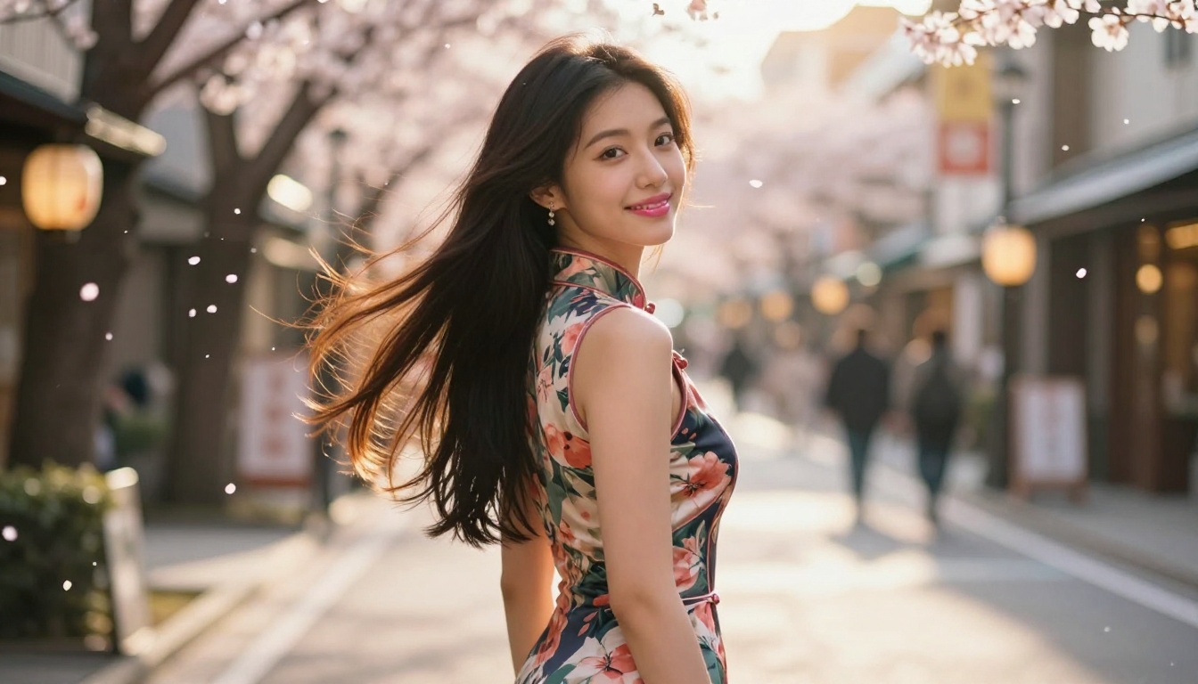 Beautiful Asian woman in floral dress on sunlit Japanese street with cherry blossoms falling around her
