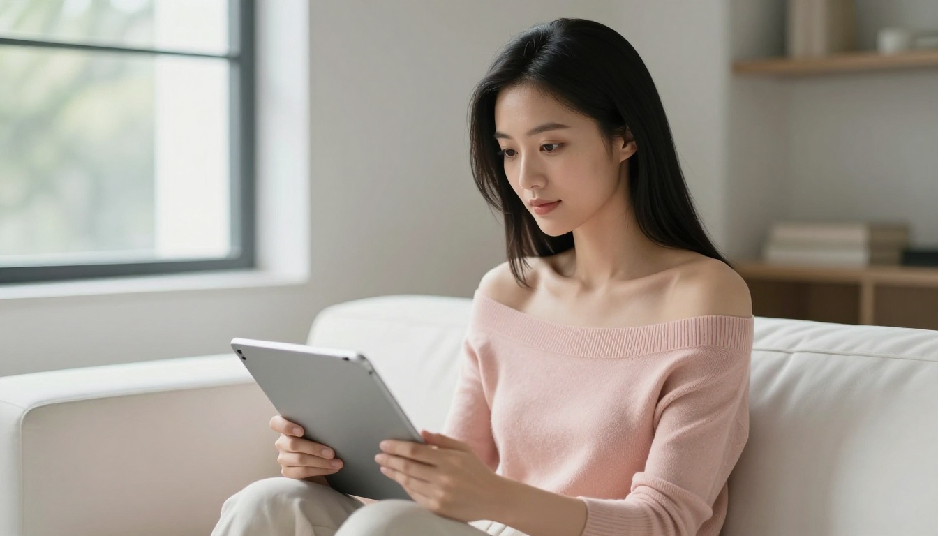 Asian woman with tablet on minimalist sofa in morning light
