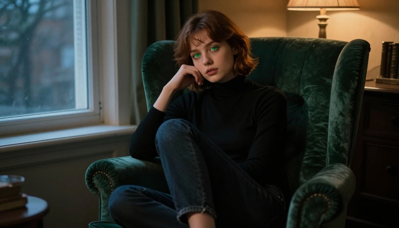 Woman in forest green armchair, moody reading nook, black turtleneck, dramatic warm amber lighting, Canon 135mm prime