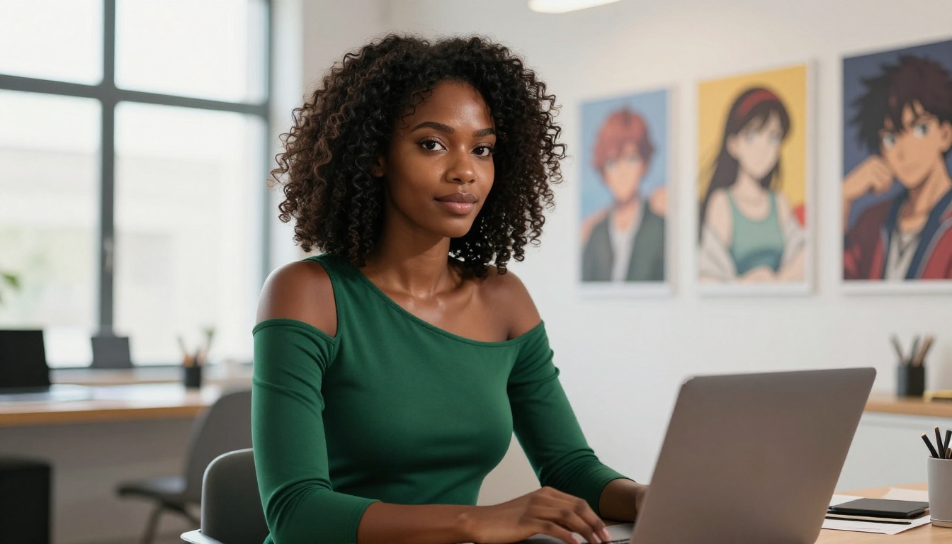Black woman with natural hair at laptop in creative studio with anime art prints