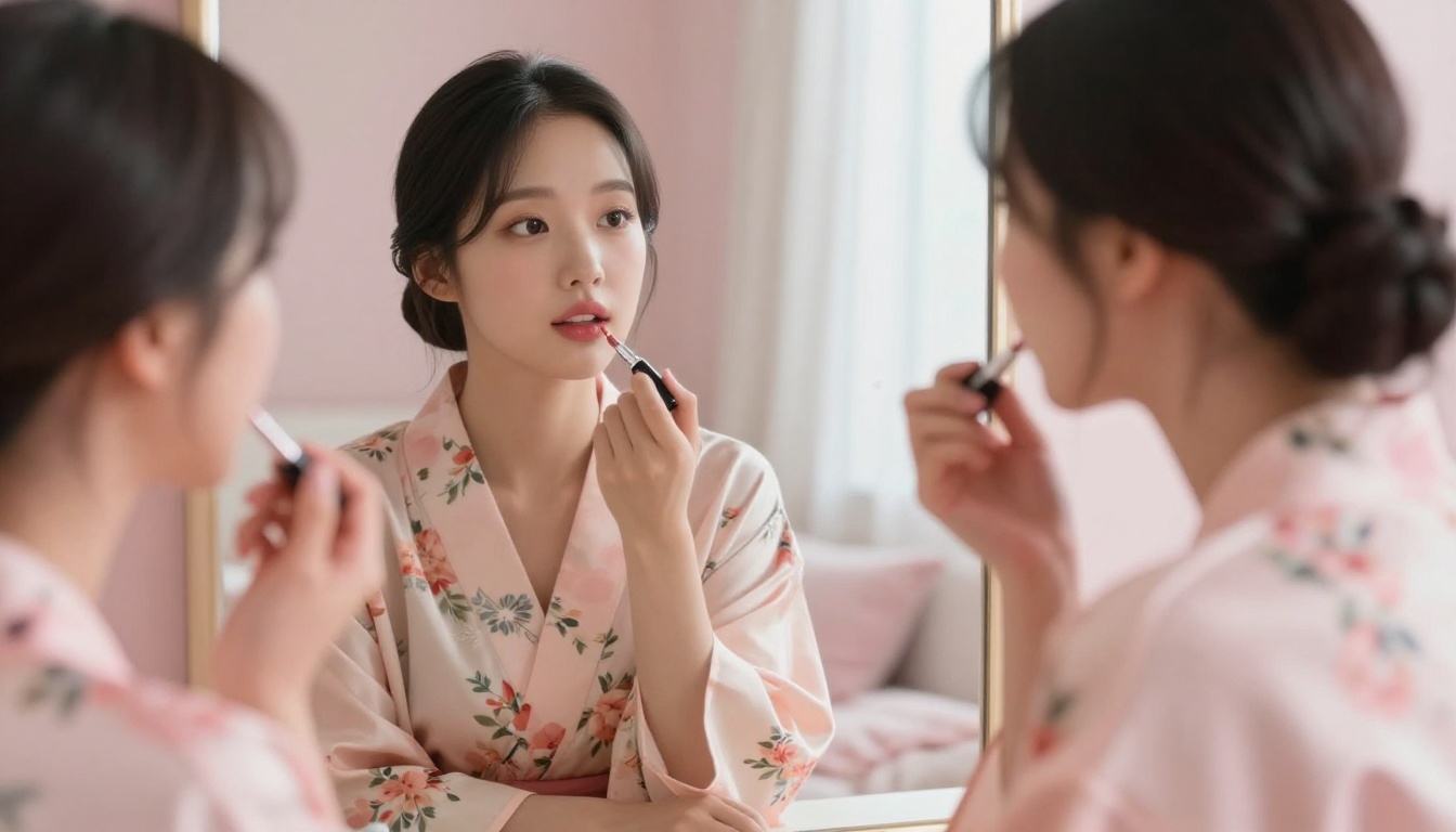 Beautiful Korean woman at vanity mirror in soft feminine bedroom Beautiful Korean woman at vanity mirror in soft feminine bedroom