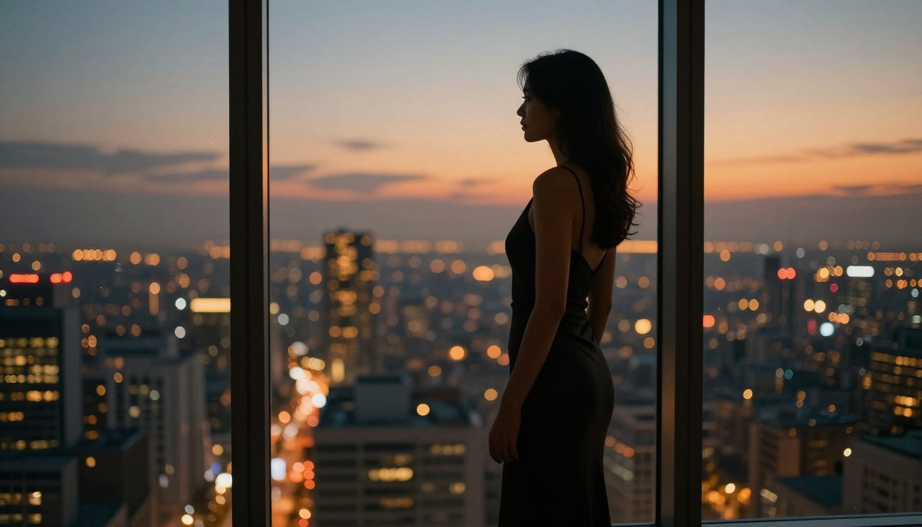 Elegant woman silhouette standing at panoramic floor-to-ceiling window at dusk with glowing city lights behind her