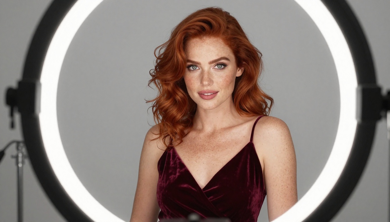 A glamorous woman with copper-red hair and fair freckled skin in a burgundy velvet slip dress, seated before a professional ring light in a clean studio, confident expression, circular catchlights in eyes