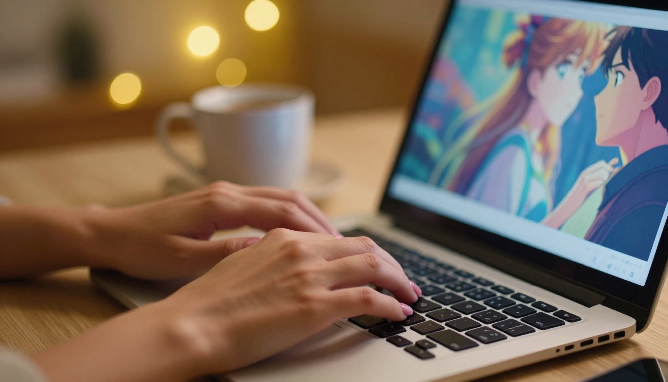 Feminine hands with blush nail art typing on laptop showing anime artwork