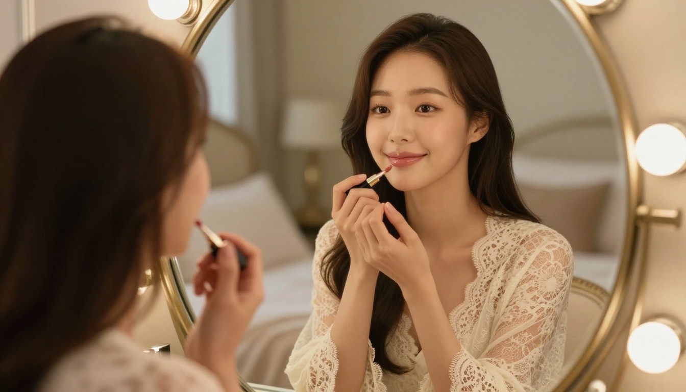 Korean woman at vanity mirror applying lip gloss, ivory lace robe, warm vanity bulb lighting, beauty editorial style